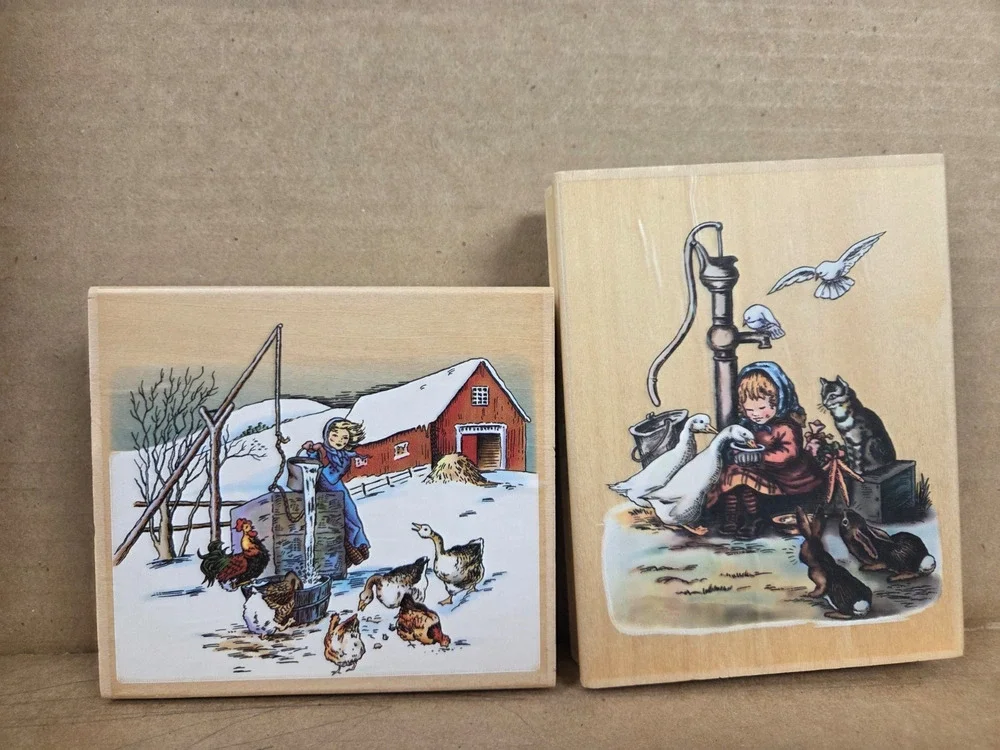 Tasha Tudor Rubber Wooden Block Rubber Ink Stamp Christmas Holiday Winter Set